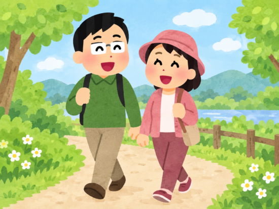 自然の中を散歩している夫婦のイラスト